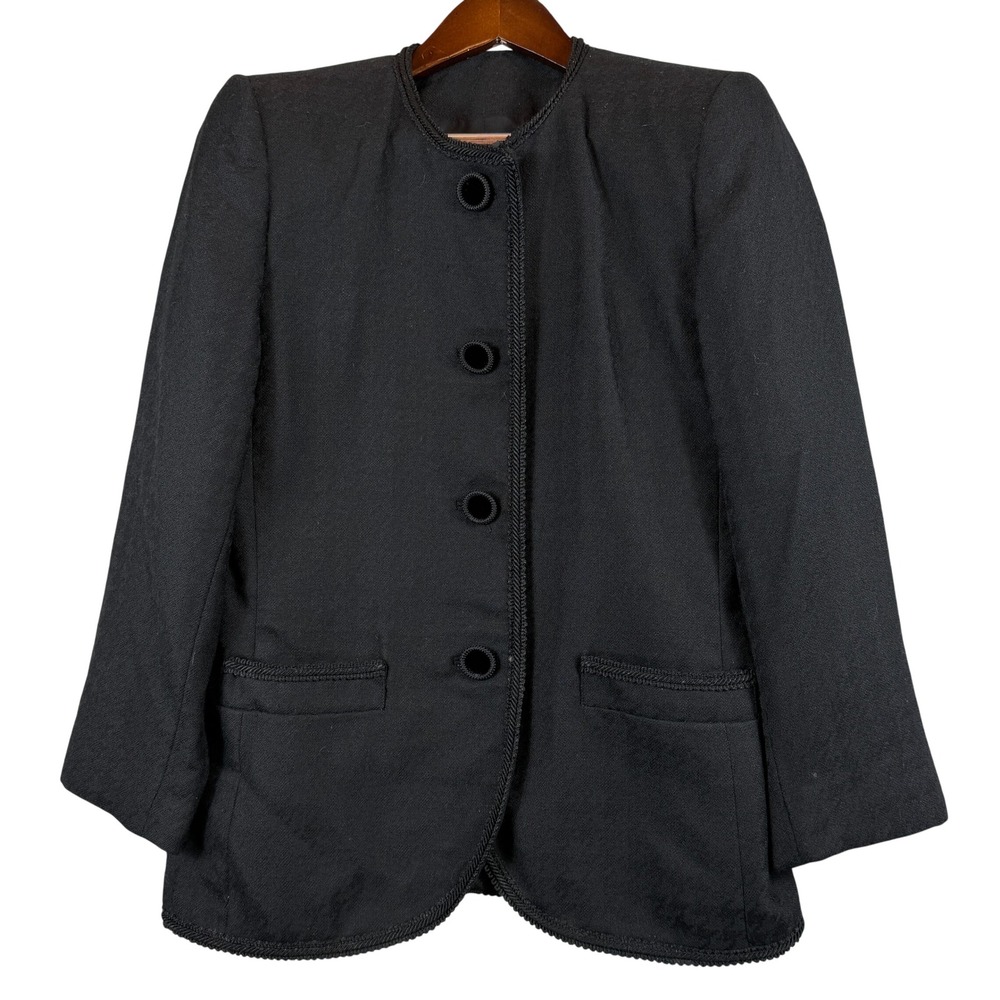 VINTAGE Saks Fifth Avenue Womens M Black Wool Jacket Soutache Trim 1980s Classic